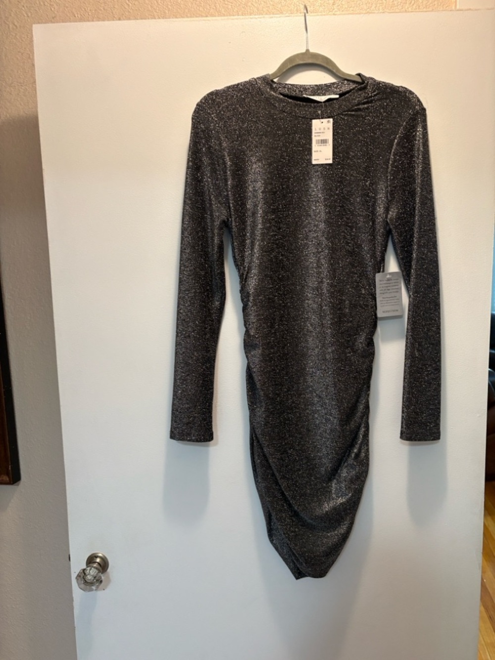 Lush Black Shimmer Long-Sleeve Ruched Bodycon Dress